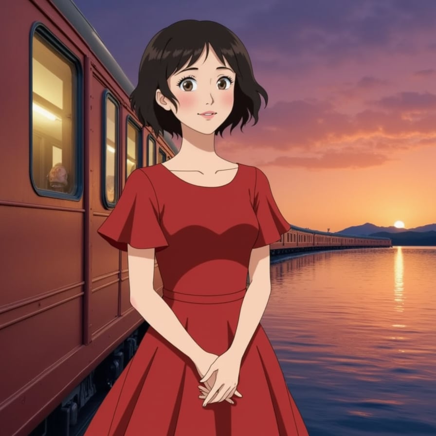 A young girl in a red dress standing on a train gliding across water at sunset, next to No-Face — scene from Spirited Away