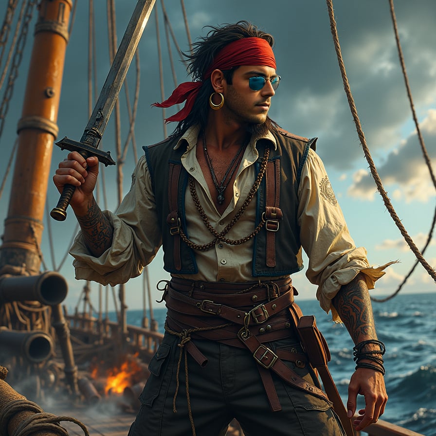 man in rugged pirate attire, wielding a sword with intensity, standing on the deck of a pirate ship amidst a chaotic battle scene, with cannons and rigging in the background, under a dark and stormy sky