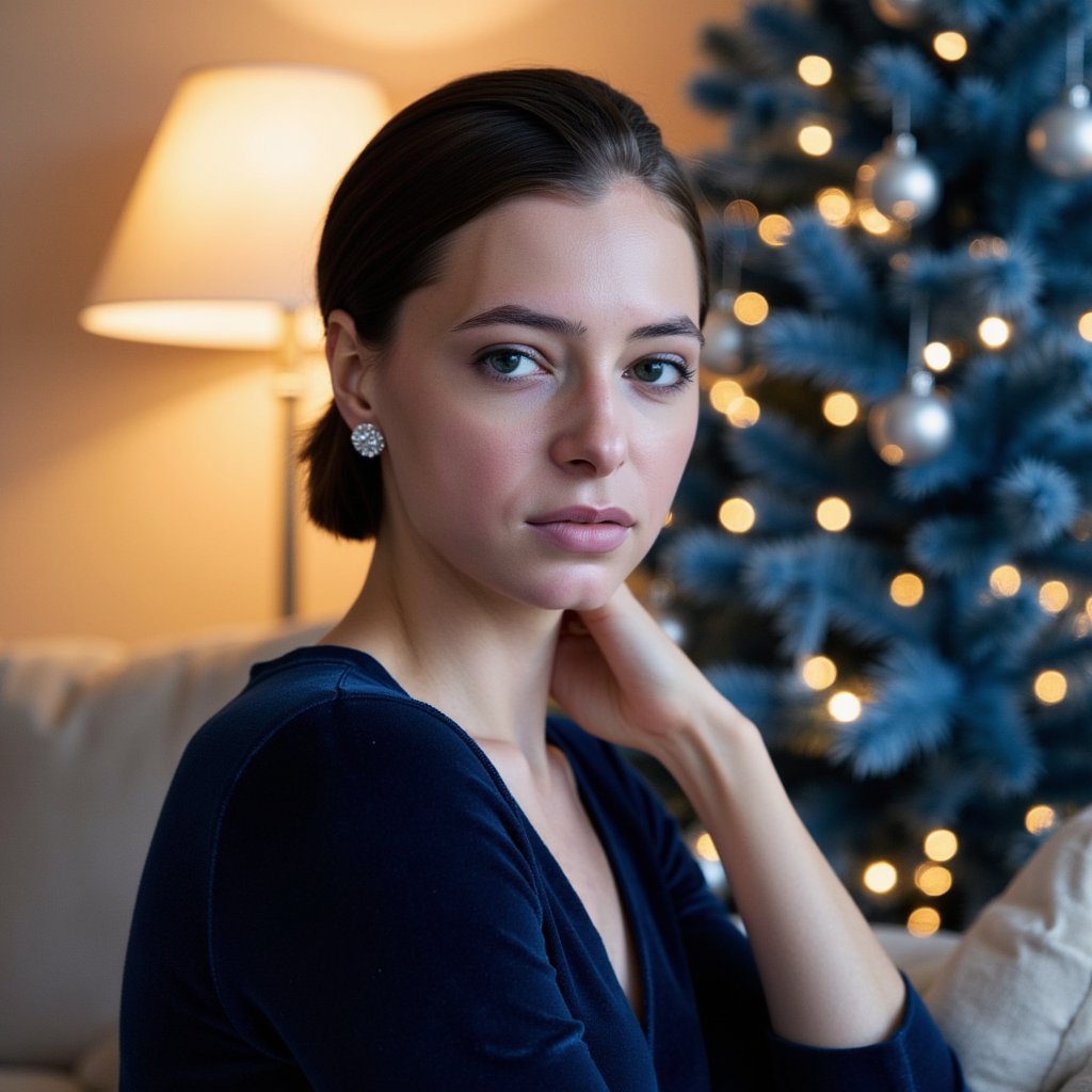 Tight headshot of a woman seated beside a softly glowing midnight-blue Christmas tree. Her body is angled slightly left, chin delicately raised, gaze directly to lens with a calm, graceful expression. She wears a navy velvet wrap top with visible velvet pile and a thin diamond drop earring on each ear.
Hair: smooth side-parted low bun with sleek shine.
Makeup: soft charcoal eyeliner, diffused cool-toned shadow, muted mauve lips, subtle highlight on cheekbones.
Lighting: cool LED fairy-light key from tree (camera-right), balanced with a warm fill from a dim lamp. A faint rim light outlines her hair.
Background: dark blue tree with silver ornaments in creamy bokeh; minimal clutter, shallow DOF.
Camera: 100mm macro portrait, f/2.8; highly detailed, highly realistic, HDR — velvet fibers, diamond glints, and natural skin texture rendered with clarity.