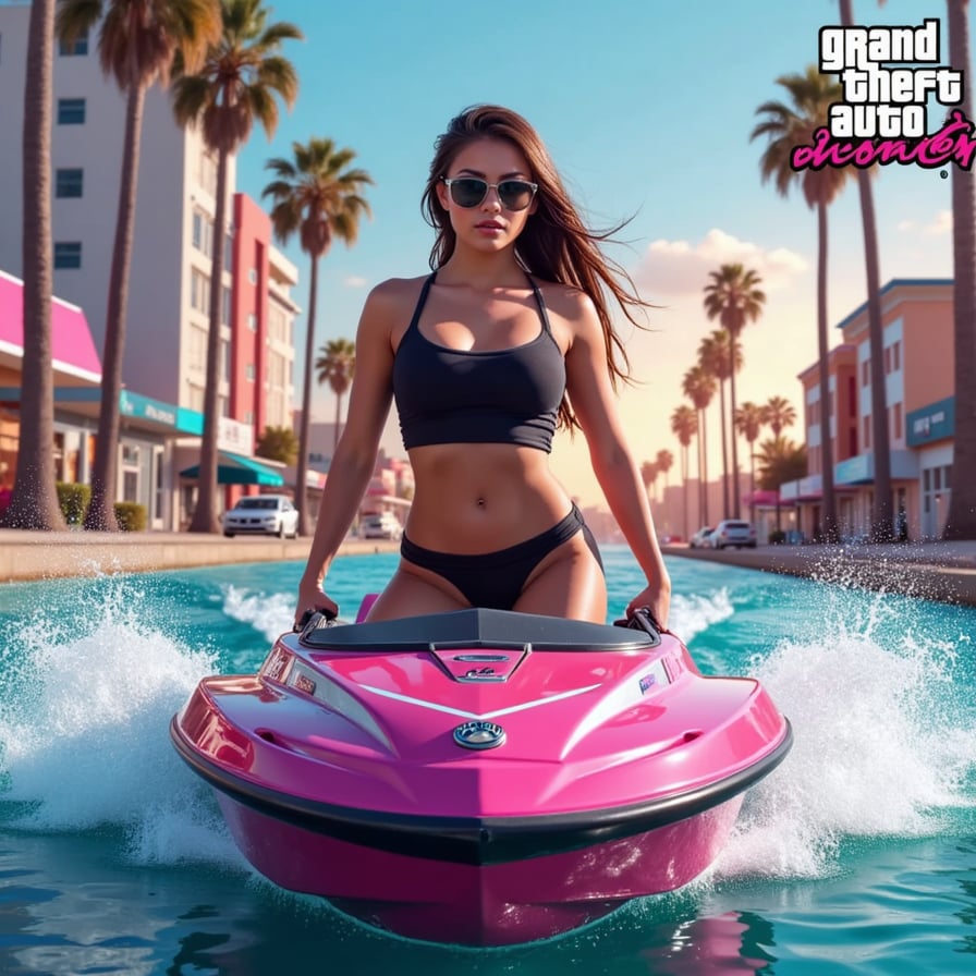 A full-body portrait of a stylized game avatar standing confidently in a Vice City street, bathed in cinematic light. The character features high-contrast shading, bold facial features, and a polished Rockstar-style aesthetic. Background elements include neon signs, palm-lined roads, and retro sports cars. Everything is designed to look game-ready and immersive.