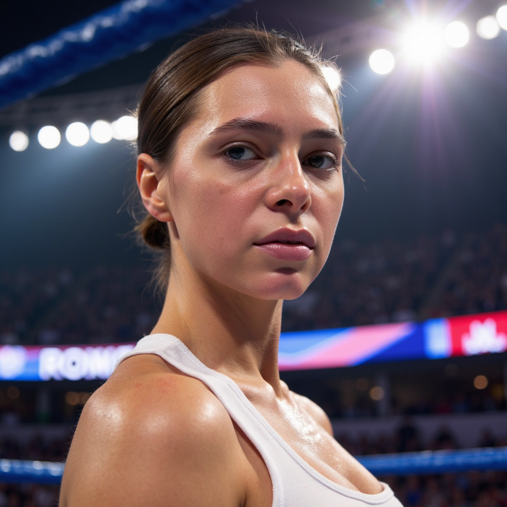 A WWE Royal Rumble tight head-and-shoulders portrait of a female wrestler (late 