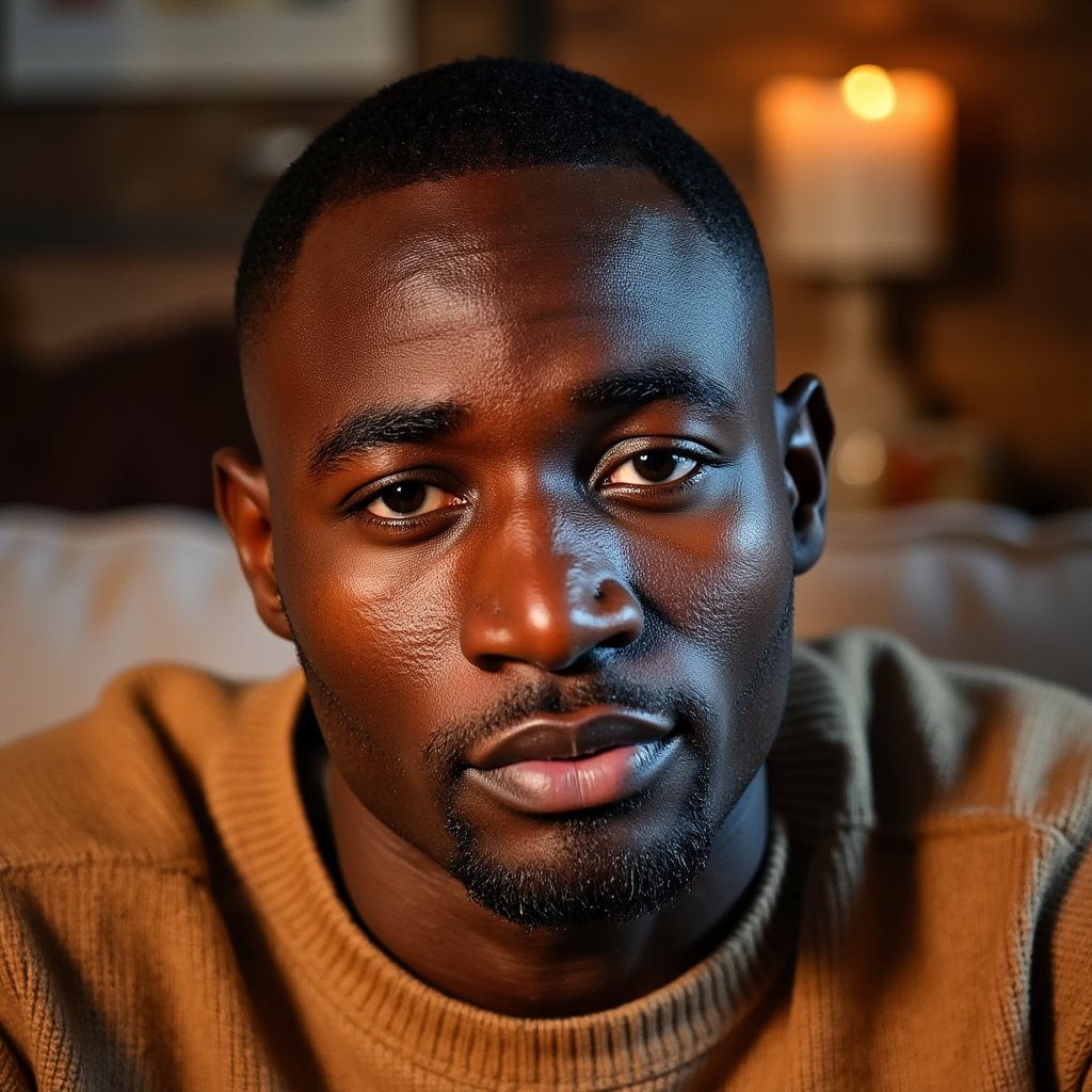 Highly detailed, highly realistic, hyperrealistic HDR close-up portrait of a man (male, 38 yrs) in moody, low-key lighting. Camera at eye level, tight crop on face and shoulders. Warm amber light from the right illuminates half his face, while the left fades into soft shadow. He wears a caramel-brown wool pullover, its dense weave sharply defined. His eyes show catchlights, beard lightly groomed, skin texture detailed — visible pores and fine wrinkles. Background softly blurred into warm tones of brown and amber. The image conveys introspection, gratitude, and stillness in cinematic Thanksgiving mood. HDR, high resolution, high quality, highly detailed, photorealistic.