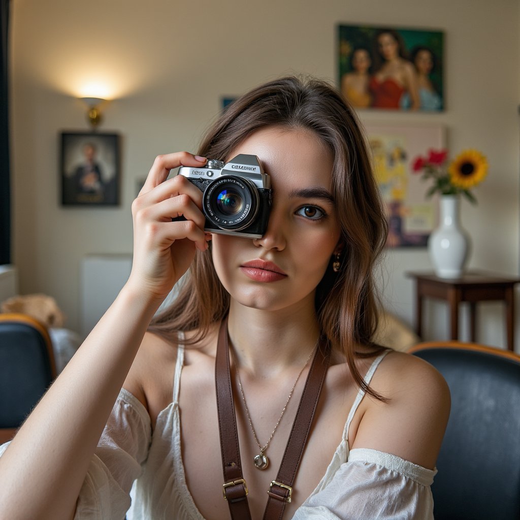 Stylized headshot of a photographer in action, mid-click with camera raised, blurred background, focus on intent gaze and posture, celebrating World Photography Day