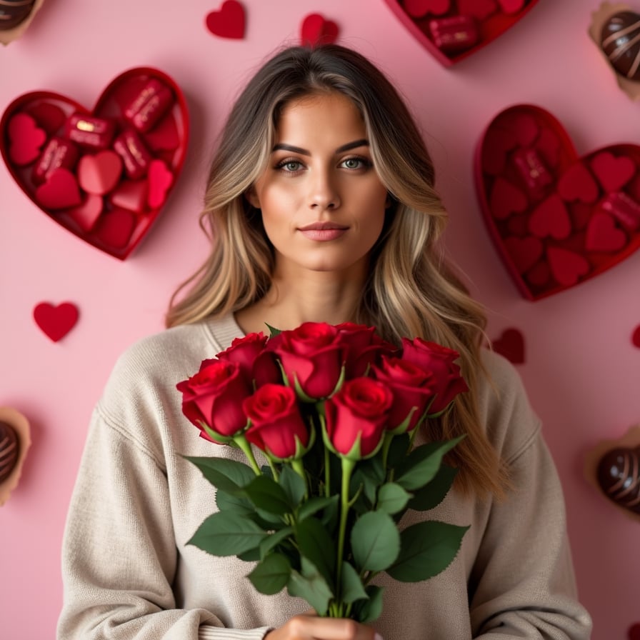 Model holding a bouquet of roses, smiling in front of a heart-shaped backdrop with Valentine's Day decorations like chocolates and rose petals.