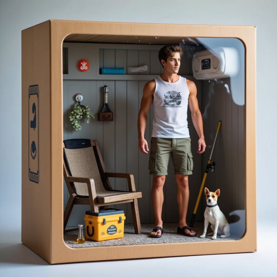Man in cargo shorts holding a fishing rod, surrounded by camping gear, dog figure, and cooler box
