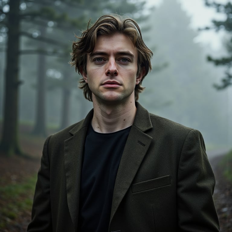 A cinematic atmospheric portrait of a man (late 20s) standing still in a fog-fil