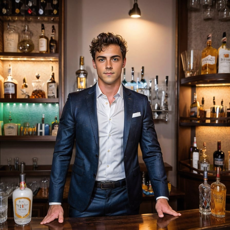 Handsome man in dark bar, seductive smile, party atmosphere.