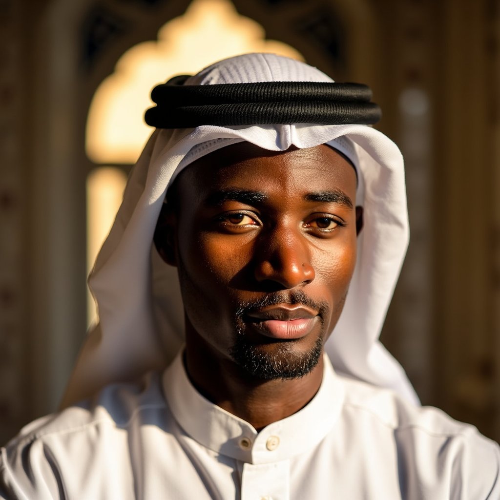 Headshot of a young man lit by moonlight-like glow, wearing a simple white jubba, eyes calm and thoughtful — honoring the spirit of the Prophet’s birthday