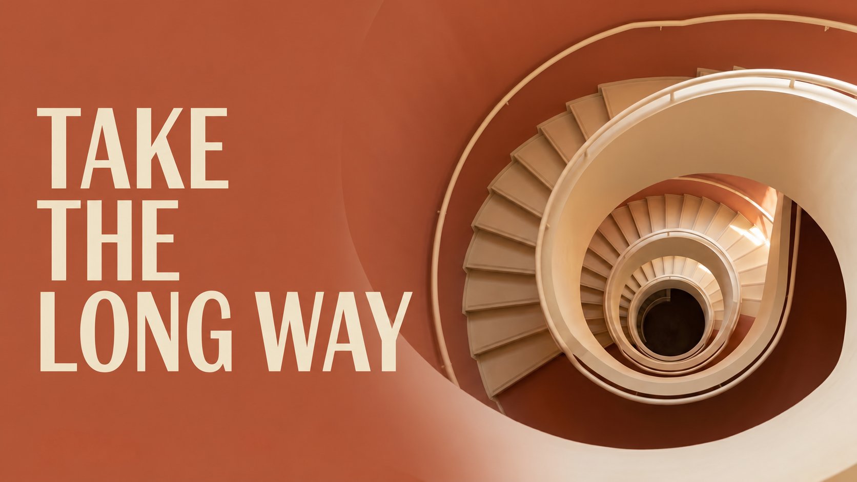 The same design recomposed as a wide banner with the title on the left and the staircase on
the
right