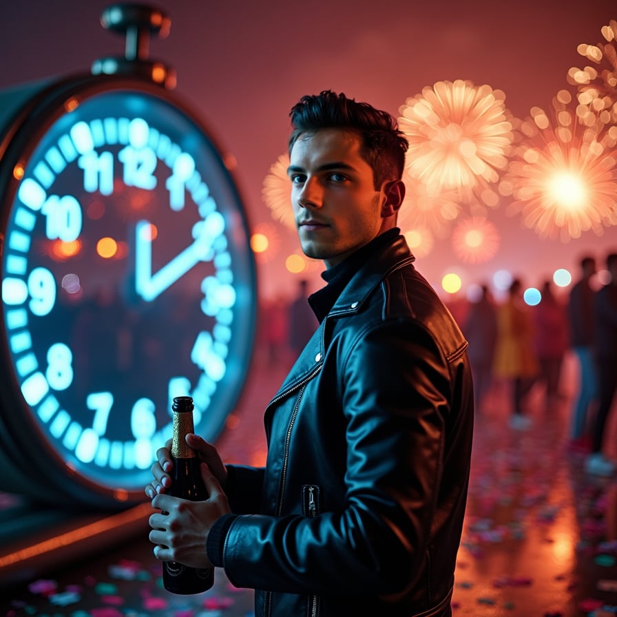 A man in a modern leather jacket, standing in front of a large digital clock counting down to midnight, facing the camera with a mix of anticipation and celebration in his expression
