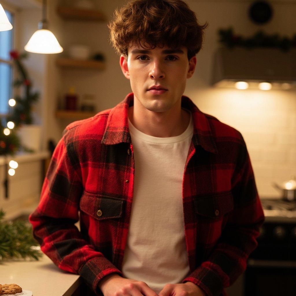 Waist-up portrait of a man standing in a holiday-lit kitchen, leaning lightly against the counter, hands loosely clasped in front, no motion. He wears a deep-red flannel shirt layered over a cream thermal tee; flannel pattern threads visible in crisp detail. Hair: slightly messy textured quiff; clean-shaven. Lighting: warm overhead pendant lights with soft falloff on one side, plus a subtle orange glow from a stovetop kettle off-frame. Background: blurred Christmas cookie tin, pine sprigs, soft-string lights—minimal clutter, shallow DOF. Camera: 50mm f/2 at slight lower-than-eye angle for a homey vibe; highly detailed, highly realistic, HDR with clear textile structure and natural skin texture.