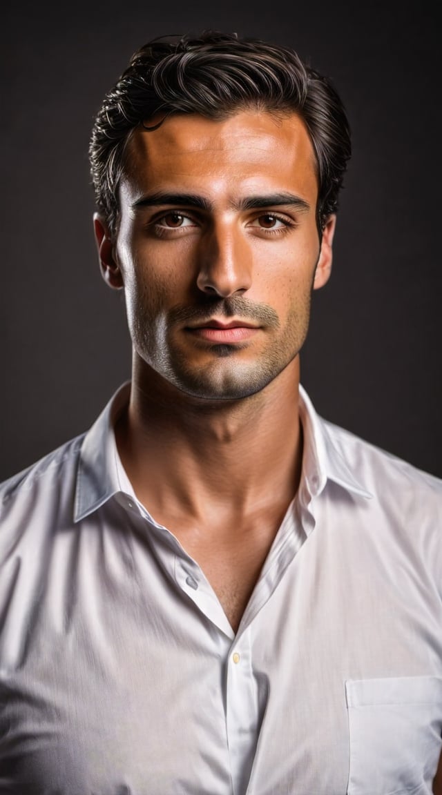 Man in suit, cinematic close-up, moody composition, professional.