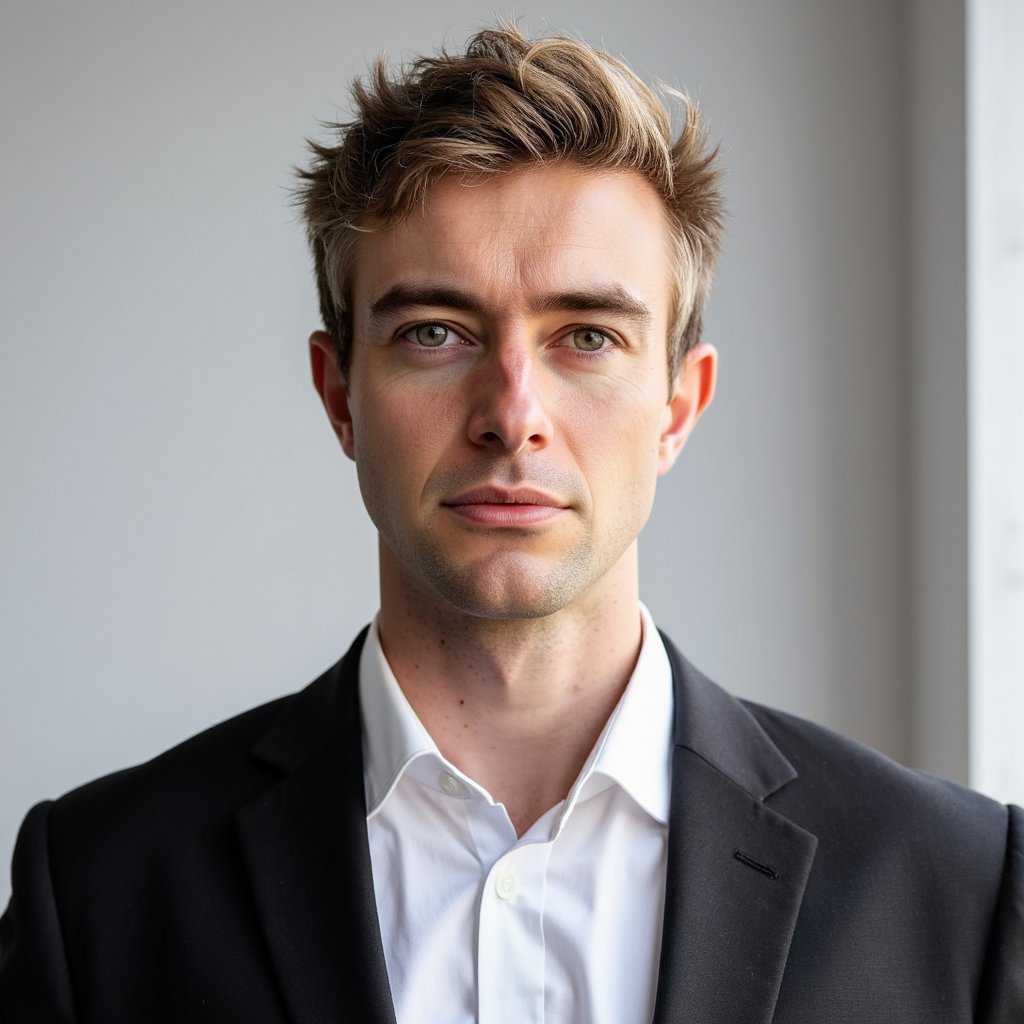 A highly detailed passport photo of a man in his mid-40s, captured in a classic headshot style with a professional black suit and a white dress shirt. His hair is short, graying at the temples, and he has a neatly trimmed beard. The background is a muted white with a slight gradient, keeping it clean and professional. The lighting comes from the right side, casting soft, natural shadows on the left side of his face, adding depth to the image. The camera is set at eye level, capturing a straightforward shot with the subject facing directly towards the camera. His expression is neutral but confident. The fabric of his suit is highly detailed, and the lighting brings out subtle textures in his shirt and beard. The shot is HDR to capture the depth and details of his face, attire, and lighting effects.