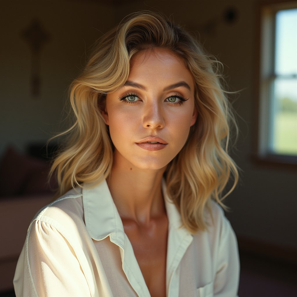 A vintage fashion photoshoot of an attractive woman in the style of Vogue, and a white blouse under natural lighting with soft shadows and pastel colors. The photo was shot with a Canon EOS R5 camera and received professional color grading, and depth of field., cinematic, cinematic lens flare, high quality., high resolution photography, in a candid pose, in the style of cinematic light, looking at the camera, natural skin texture, resembling magazine photography., soft focus, ultra detailed, warm tones