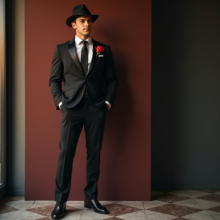 man dressed in a tailored, classic Godfather-inspired suit, wearing a fedora hat, adorned with a small, elegant red rose in his square pocket, standing against a dark, mysterious background with a grid-patterned floor, exuding an aura of sophistication and power.