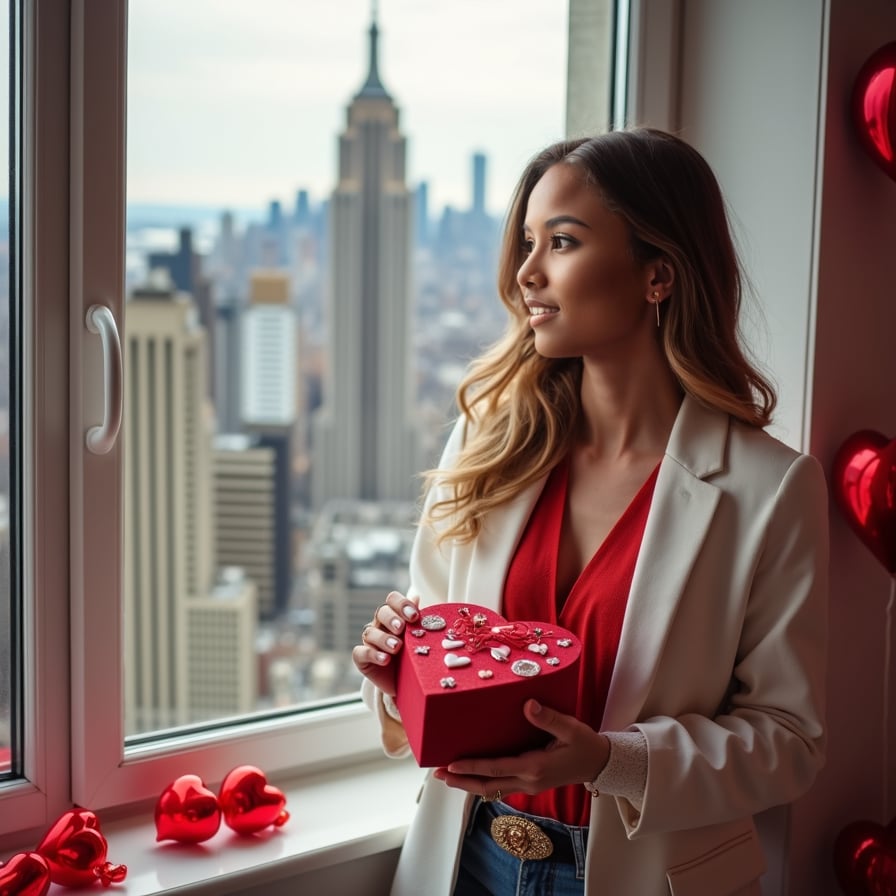 A model standing by a window with a romantic city skyline view, holding a heart-shaped gift box, dressed in a red and white outfit with Valentine's-themed accessories.