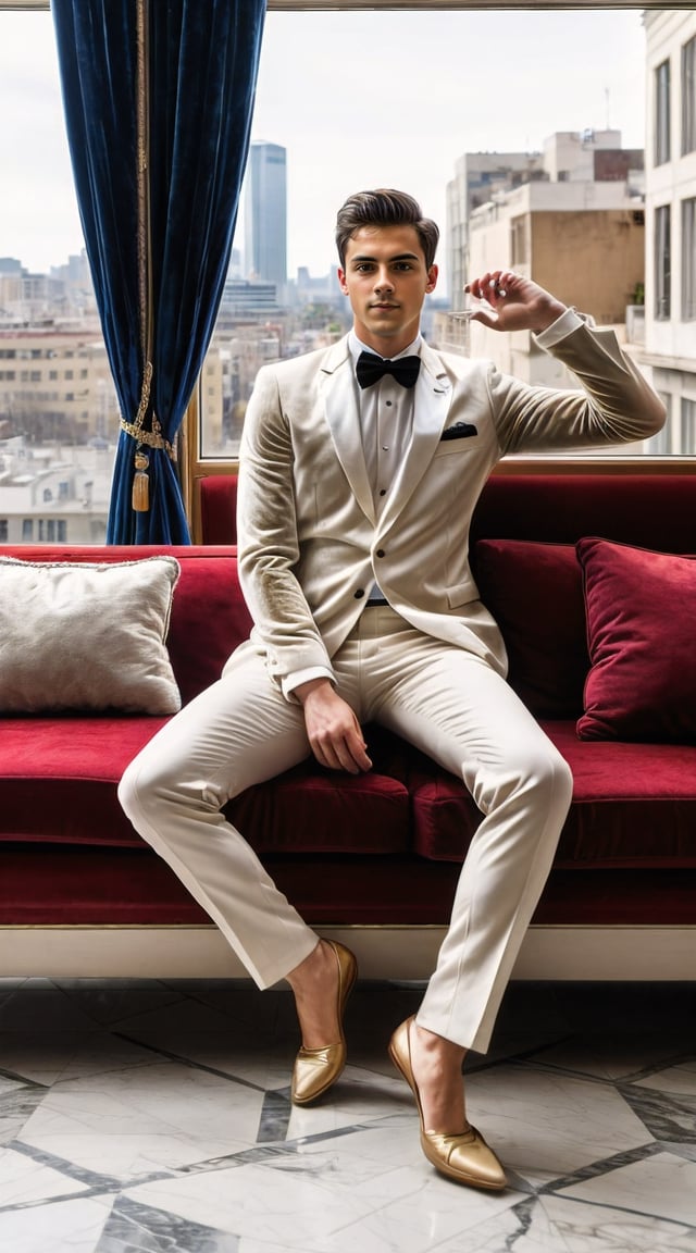 Luxurious man in tuxedo, opulent decor, velvet sofa.