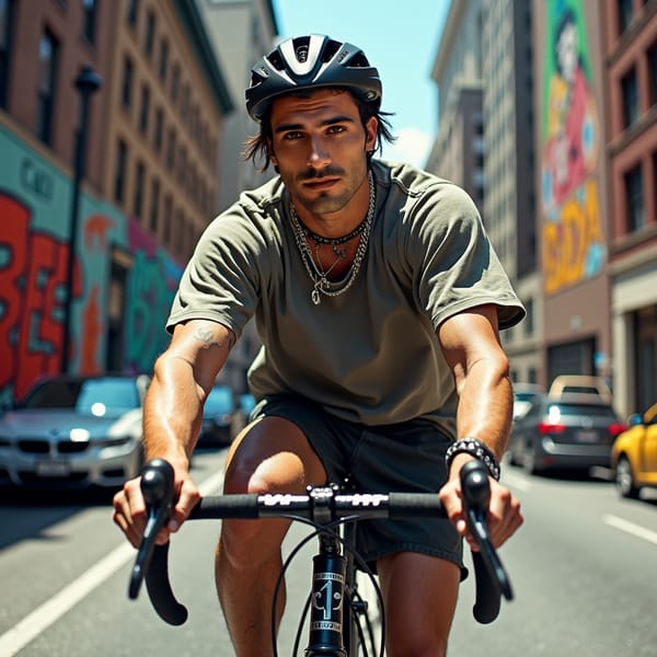 man wearing casual attire and helmet, riding a sleek road bike on a sunny day, moving through the urban streets surrounded by tall buildings and heavy traffic, capturing the dynamic energy of city life.