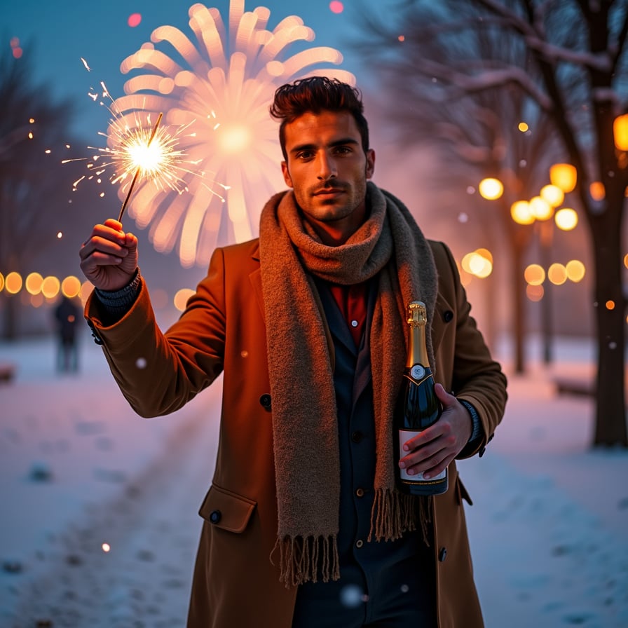 A man bundled up in a stylish coat and scarf, standing in a snowy park under glowing string lights, holding a sparkler and smiling warmly at the camera with fireworks lighting up the sky behind him