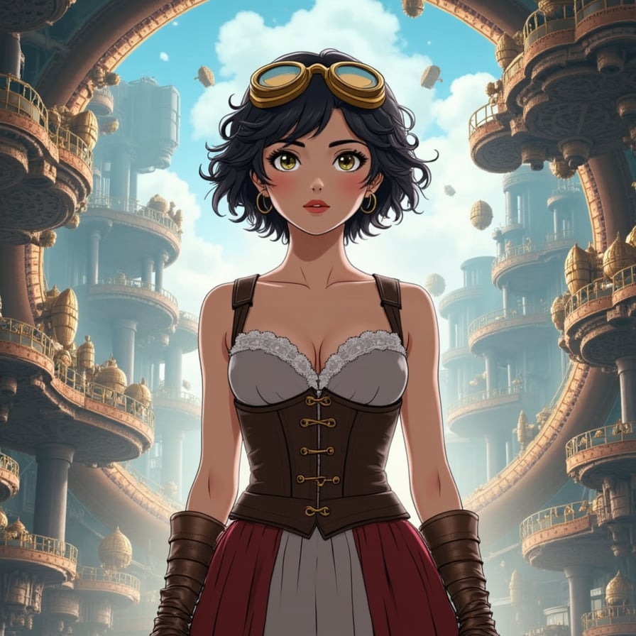 A brilliant young woman with short, curly hair, wearing a leather corset and brass goggles. She stands in a grand, mechanical tower filled with whirring gears and floating timepieces, weaving spells that control time itself.