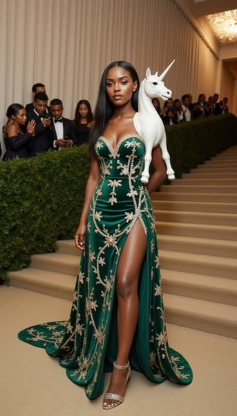 Background: actual 2026 Met Gala setting at the Metropolitan Museum of Art, grand stone steps, tan stone-garden carpet with moss-green patches, wisteria framing, warm evening gala lighting.
Model: fictional model in a medieval tapestry-inspired gown with deep green velvet, woven floral embroidery, pearl vines, tiny animal motifs, and a white unicorn-shaped sculptural shoulder piece; standing still like a living tapestry.
Camera: frontal full-body shot, slight upward angle, rich textile detail.