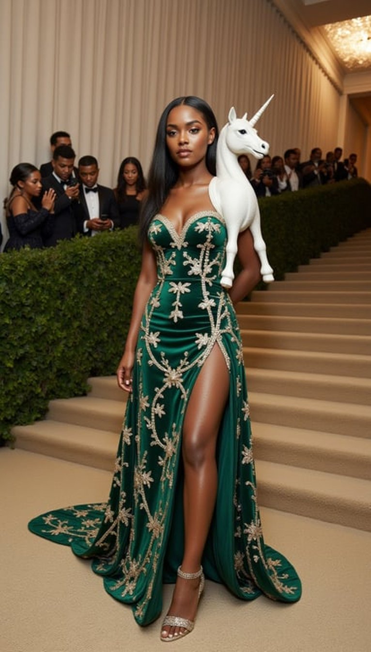 Background: actual 2026 Met Gala setting at the Metropolitan Museum of Art, grand stone steps, tan stone-garden carpet with moss-green patches, wisteria framing, warm evening gala lighting.
Model: fictional model in a medieval tapestry-inspired gown with deep green velvet, woven floral embroidery, pearl vines, tiny animal motifs, and a white unicorn-shaped sculptural shoulder piece; standing still like a living tapestry.
Camera: frontal full-body shot, slight upward angle, rich textile detail.