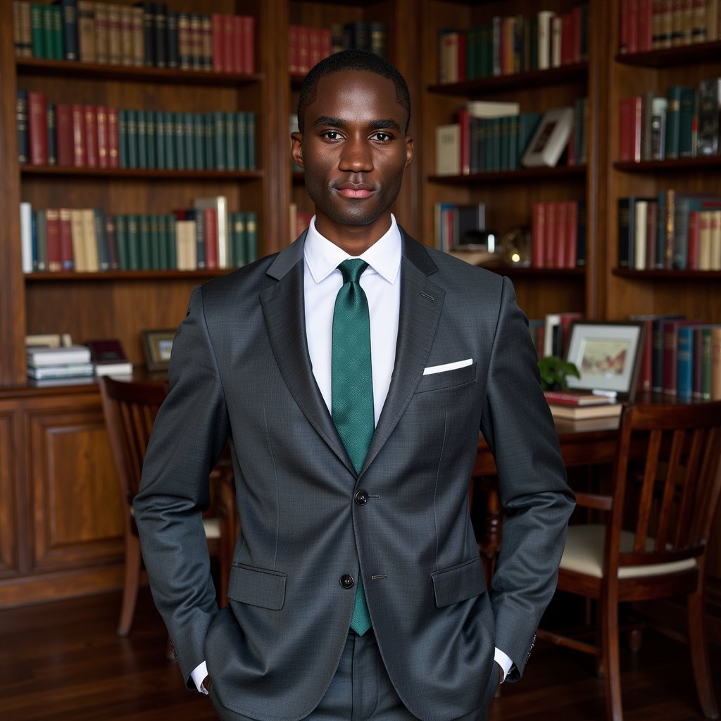 man with a charcoal gray suit jacket subtly patterned and draped over his arm, revealing a crisp white dress shirt with mother-of-pearl buttons. He wears a deep emerald green silk tie with a subtle geometric design, its knot perfectly cinched. He is positioned slightly off-center, his gaze steady and direct, embodying a poised self-assurance. He stands on a polished dark wood floor, in front of a grand library filled with antique books and leather-bound volumes. Soft, directional lighting highlights the textures of his clothing and the rich tones of the room.