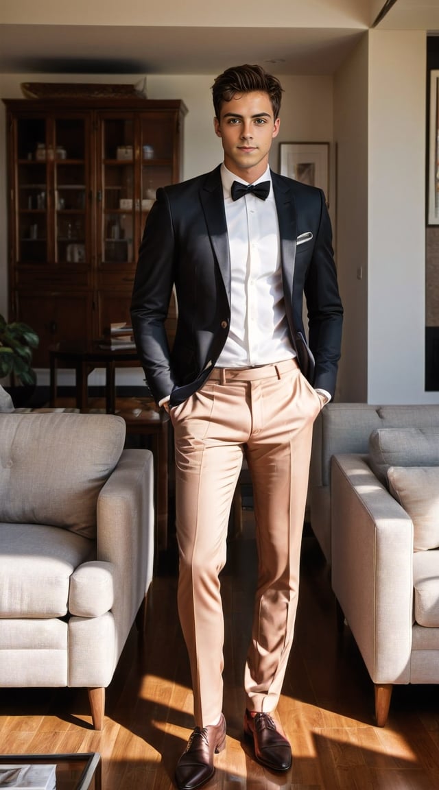 Stylish man in suit, luxury villa, Instagram-ready photo.