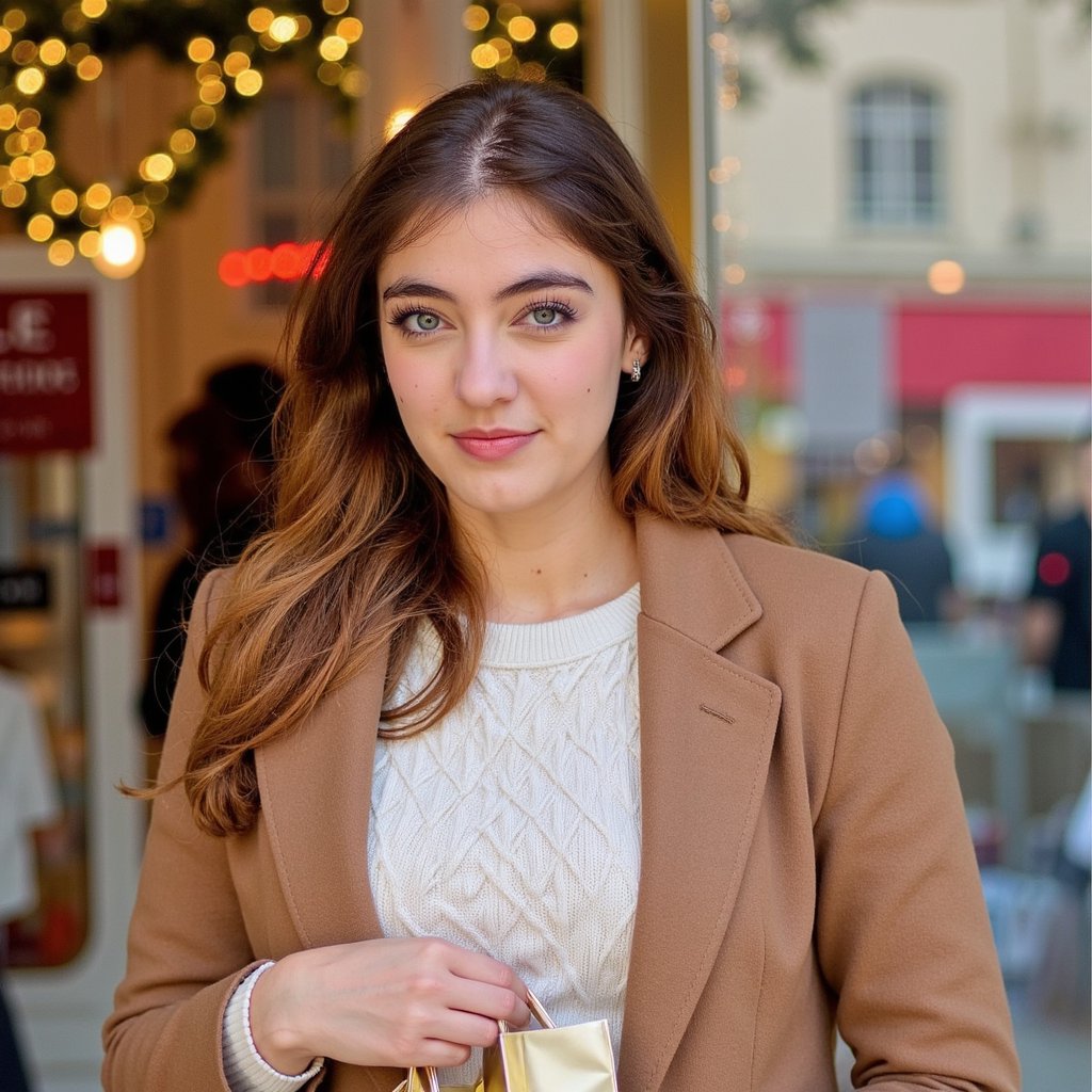 A cheerful woman (female) waist-up, softly illuminated by gold string lights around a shopping district window. Hairstyle: loose wavy hair with soft bounce; makeup: dewy finish, warm bronze shimmer on eyelids, glossy nude lips. Attire: cream cable-knit sweater under a tan wool overcoat; small diamond stud earrings. Pose: slightly turned toward camera, one hand clutching a metallic gold shopping bag, subtle smile; still. Camera: 85mm, f/1.8, gentle angle from below shoulder height. Lighting: warm fairy lights as key fill, ambient daylight fading behind, glowing rim along hair edges. Background: blurred holiday décor and SALE signage with light bokeh; minimal clutter. Fabric detail: knit pattern texture, wool fuzz, metallic bag reflection. Highly detailed, highly realistic, HDR, high resolution.