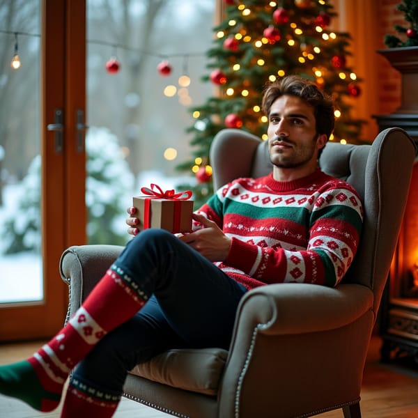 A man wearing a festive sweater and reindeer socks sits in a comfy armchair by a crackling fireplace. He’s holding a small, wrapped present with twinkling Christmas lights and a decorated tree in the background