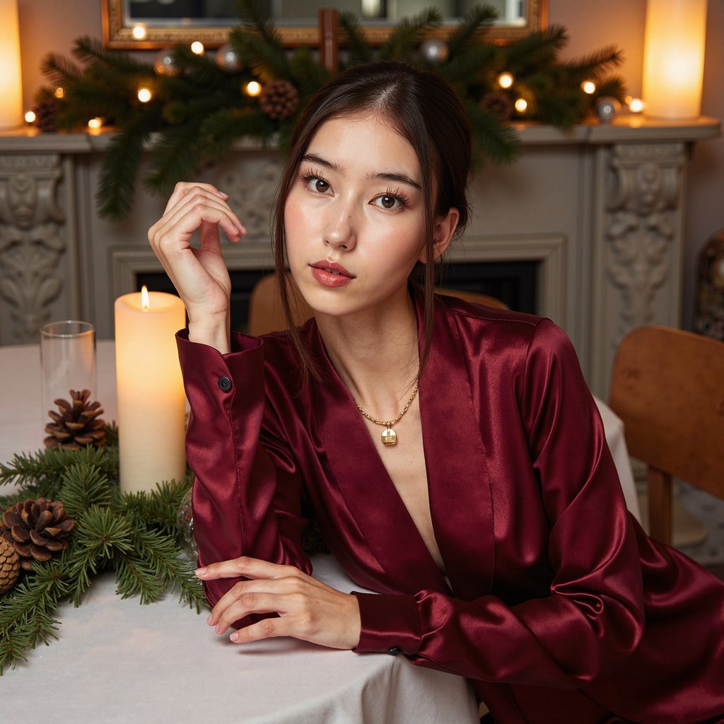 Waist-up portrait of a woman leaning gently on a holiday tablescape, angled 20° left of camera, gaze softly to lens, rule-of-thirds placement. Wardrobe: burgundy satin blouse with subtle sheen and gathered cuffs; a thin gold pendant. Hair: low chignon with face-framing tendrils. Makeup: soft bronze eyeshadow, defined lashes, rosewood gloss. Lighting: candlelight key (multiple small flames) with a dim overhead softbox feathered to preserve warm contrast; specular highlights on satin folds. Background: blurred evergreen runner and two pillar candles; minimal clutter, shallow DOF with creamy bokeh. Camera: 50mm, f/1.6, slightly above eye level; highly detailed, highly realistic, HDR; skin texture natural, satin drape visible; calm, still, intimate.