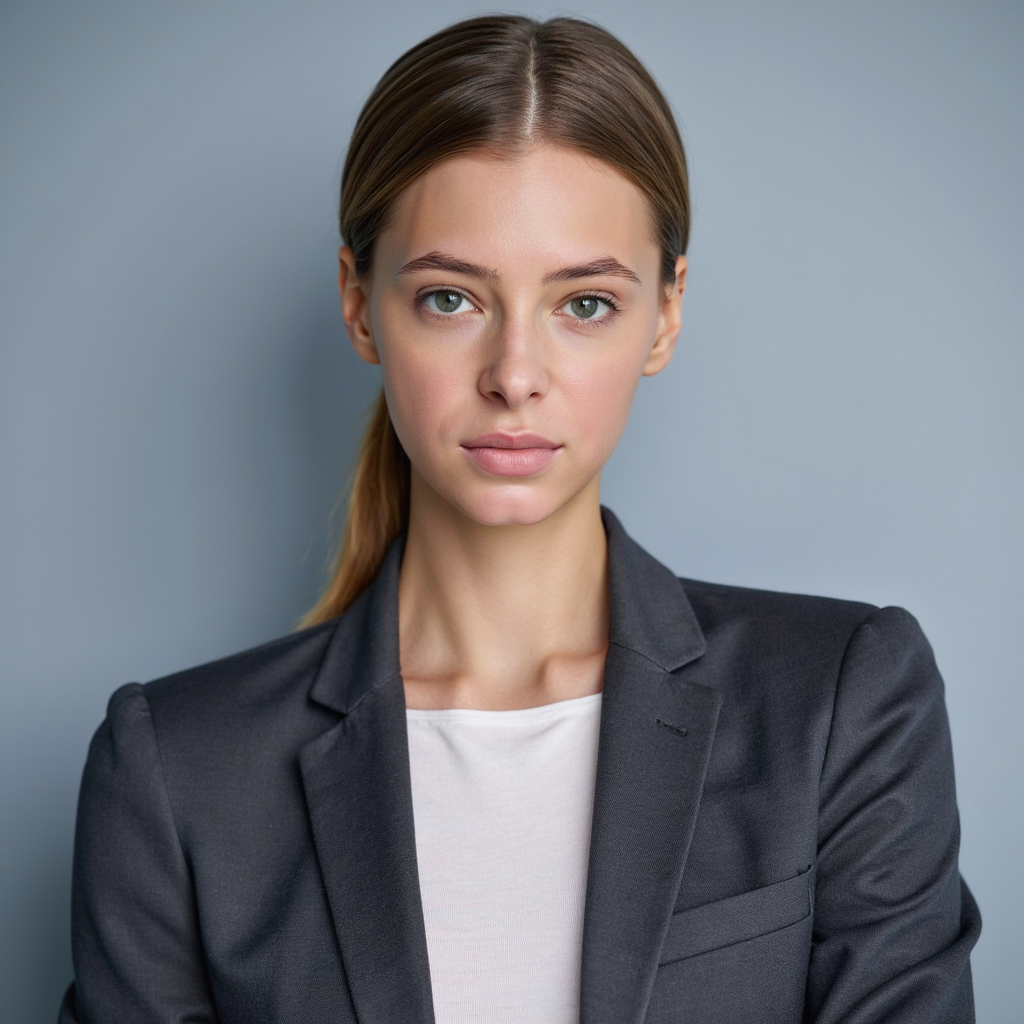 A highly detailed, highly realistic HDR passport-style headshot of a woman in he