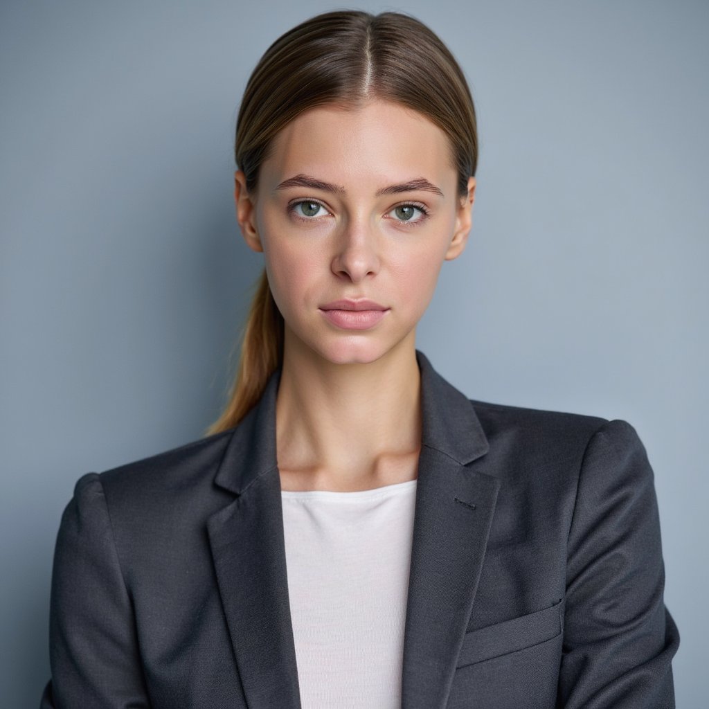 A highly detailed, highly realistic HDR passport-style headshot of a woman in her early 30s with fair skin. She has long, smooth blonde hair tied neatly into a mid-height ponytail with no loose strands. She wears a fitted charcoal gray blazer over a simple matte white top. Lighting is cool-toned, evenly balanced, eliminating all shadows and giving a crisp, clean complexion. The background is a uniform pale blue-gray, completely smooth and shadow-free. Camera is exactly at eye level, straight-on, with her expression neutral and relaxed. The image captures fine details such as the subtle texture of the blazer, soft highlights on her hair, and natural facial detail. Minimalistic, sharp, and fully compliant with formal ID standards.