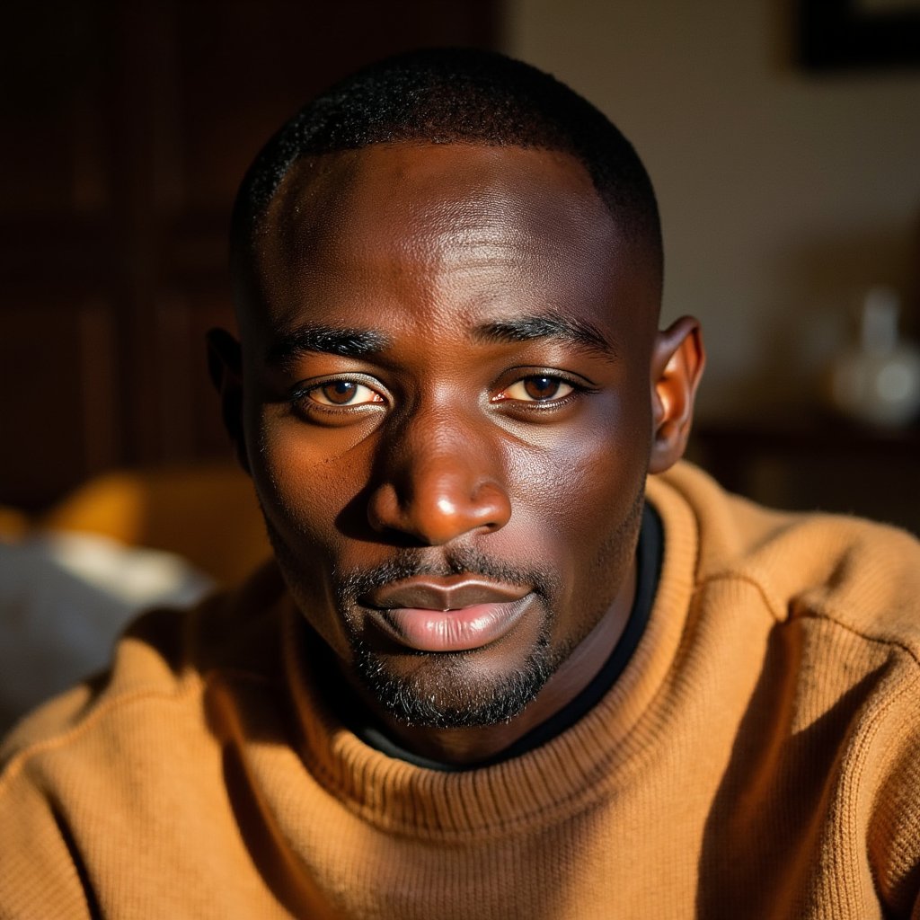 Highly detailed, highly realistic, hyperrealistic HDR close-up portrait of a man (male, 38 yrs) in moody, low-key lighting. Camera at eye level, tight crop on face and shoulders. Warm amber light from the right illuminates half his face, while the left fades into soft shadow. He wears a caramel-brown wool pullover, its dense weave sharply defined. His eyes show catchlights, beard lightly groomed, skin texture detailed — visible pores and fine wrinkles. Background softly blurred into warm tones of brown and amber. The image conveys introspection, gratitude, and stillness in cinematic Thanksgiving mood. HDR, high resolution, high quality, highly detailed, photorealistic.