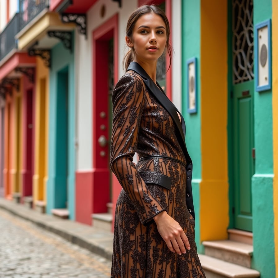 Dynamic urban explorer, bustling streets, graffiti art walls, and streetlights.