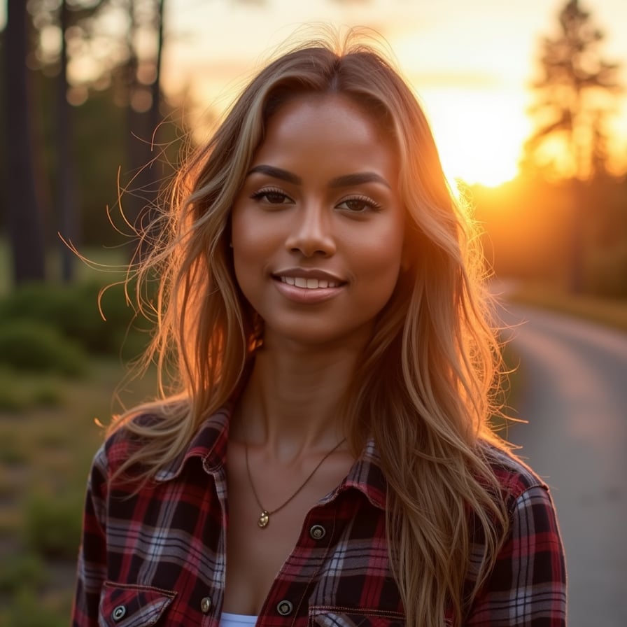 woman standing by a forest trail or beach at sunset. She is dressed in casual outdoor wear, like a flannel shirt or jacket, with her hair slightly windswept. Her smile is bright and carefree, reflecting her vibrant and adventurous personality
