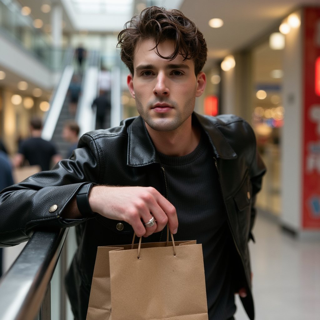 A confident man (male) waist-up, resting one forearm on a brushed-steel railing, two matte paper shopping bags dangling loosely from the other hand. Hairstyle: textured quiff; grooming: short stubble beard. Attire: black lambskin biker jacket with fine pebble grain over a charcoal ribbed henley, dark rinse denim visible at the waist; simple black silicone watch. Pose: relaxed three-quarter turn toward camera, shoulders squared, eyes engaged; still. Camera: 50mm, f/2, slight above-waist crop. Lighting: soft skylight key from above with bounced fill; subtle edge from storefront LEDs behind. Background: blurred escalator with SALE banners, grey terrazzo floor bokeh; minimal passerby clutter. Texture detail: jacket stitching, rib knit pattern, bag fiber. Highly detailed, highly realistic, HDR, high resolution.