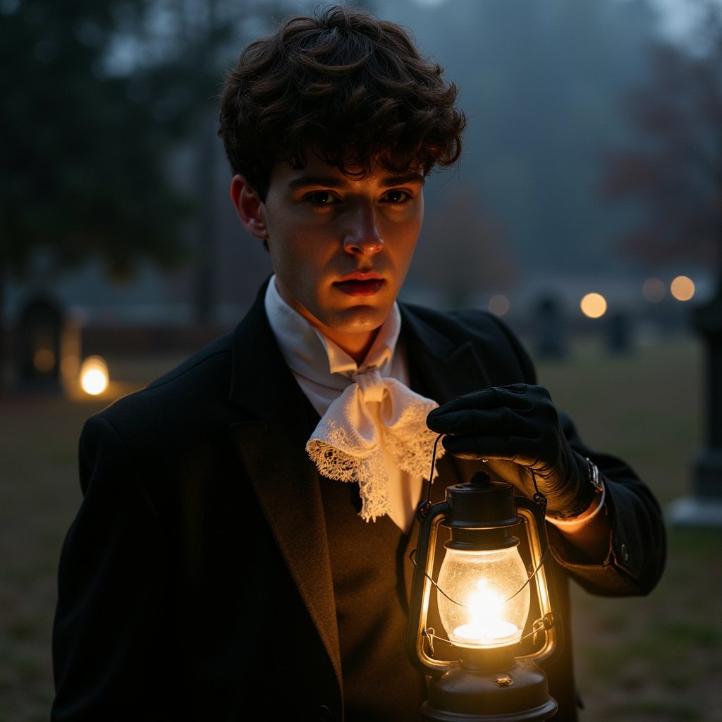 Medium-wide shot at chest height, 35 mm, f/2.2, ISO 640, 1/80 s. Main light: a lantern in his hands casting warm upward glow on his pale face and antique lace cravat, while his charcoal suit remains mostly in cool moonlight shadow. The lantern’s light fades quickly, leaving his legs and ground dimly visible through drifting fog. Moonlight from above creates a faint halo on surrounding gravestones. Focus is sharp on his face and gloves; background softened by atmospheric haze. Highly detailed, highly realistic, HDR.