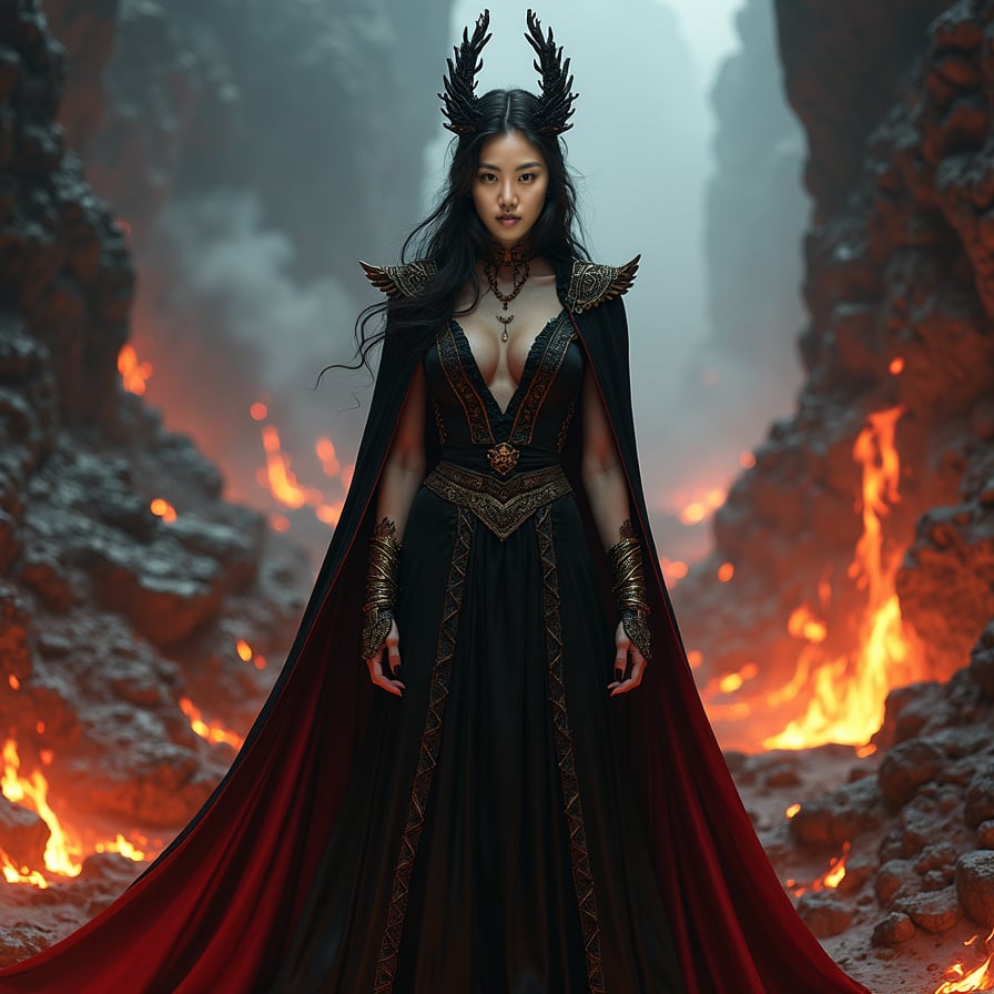 Create a grand scene of a vampire goddess standing in a fiery underworld, surrounded by rivers of lava and jagged rocks. She has an ethereal beauty, with eyes that burn like embers and a crown made of twisted black metal. Her flowing black and red gown appears to be made of smoke and flame, and her arms are adorned with ancient-looking golden bracelets. The atmosphere is intense and majestic, with flames reflecting off her skin, creating a powerful and awe-inspiring presence