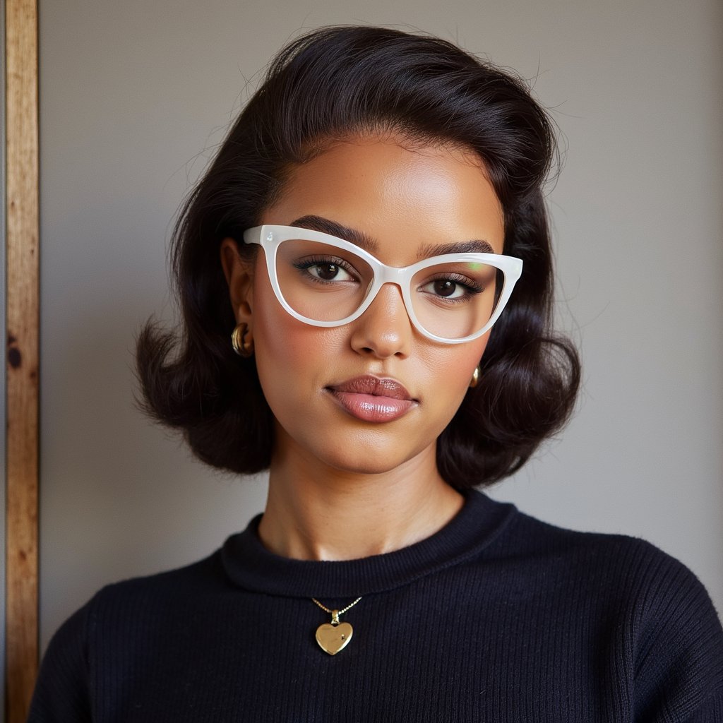 Hyper-realistic 1960s senior portrait of a girl wearing bold, upswept cat-eye glasses with translucent pearl-white frames, captured chest-up with an 85mm lens. Her hair is styled in a smooth bouffant with curled ends, parted slightly to the side, each strand meticulously detailed. She wears a dark navy wool sweater with fine ribbing along the neckline, subtle fuzz on the fabric visible in HDR clarity. A small gold heart pendant rests on the collarbone, catching a pinpoint highlight. Her complexion is porcelain with light freckles across the nose and upper cheeks, faint blush, and a natural satin sheen across the forehead. Lips are matte rose-pink, closed in a gentle, confident smile. Studio lighting from the left casts soft shadows under the chin and cheekbones, with a muted charcoal-grey backdrop providing depth without distraction.