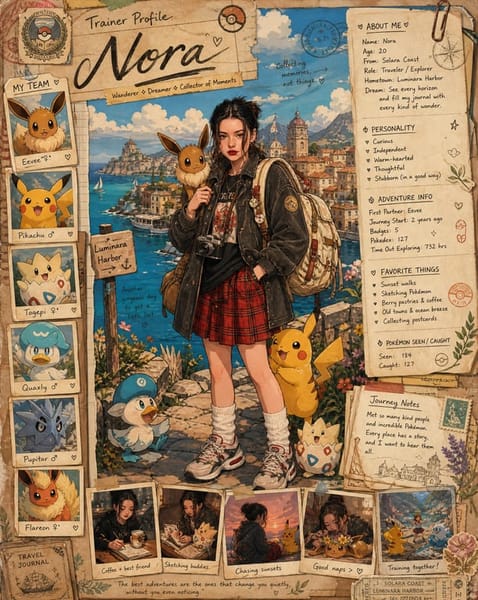 Use the uploaded reference image as the exact identity for the main trainer character. Preserve the person’s facial structure, hairstyle, skin tone, expression style, body type, and overall likeness while transforming them into a beautifully illustrated anime-inspired Pokémon trainer poster in a nostalgic adventure-journal aesthetic.

Create a full highly detailed vertical composition designed like a handcrafted Pokémon trainer profile scrapbook page mixed with vintage travel journal art and official Pokémon concept artwork. The final image should feel like a premium collector’s character profile card from a cozy fantasy Pokémon world.

STYLE & ART DIRECTION:

Soft painterly anime illustration
Pokémon official artwork inspired rendering
Hand-painted watercolor + ink line aesthetic
Warm nostalgic storybook tones
Detailed environmental storytelling
Vintage paper textures, taped notes, stickers, stamps, handwritten annotations
Ghibli-like warmth mixed with modern Pokémon promotional art
Extremely detailed but visually clean composition
Rich adventure atmosphere
Cozy slice-of-life fantasy mood
Soft sunlight and cinematic environmental lighting
Highly expressive but natural posing

MAIN CHARACTER:
Transform the reference person into a Pokémon trainer adventurer/traveler while keeping the exact likeness recognizable.

Casual layered adventure outfit
Stylish jacket over graphic shirt
Backpack with travel accessories
Camera hanging from shoulder or neck
Relaxed friendly pose
Confident warm smile
Anime stylization while preserving identity
Slight windswept hair
Natural anatomy and proportions
Fashionable modern Pokémon trainer aesthetic

COMPOSITION:
The page should be designed like a complete trainer profile sheet.

Include:

Large central full-body illustration of the trainer
Multiple Pokémon surrounding the character naturally
Decorative trainer information panels
Vintage scrapbook borders
Handwritten notes and adventure annotations
Polaroid-style snapshots around the edges
Pokémon team cards on one side
Small travel sketches and doodles
Decorative stamps, clips, tape pieces, map textures
Notebook/journal design language
Soft aged parchment paper background
Tiny environmental storytelling details everywhere

BACKGROUND:
Create a beautiful coastal fantasy Pokémon town inspired by:

Mediterranean harbor scenery
Blue ocean water
Sunny skies
Stone buildings
Adventure-world atmosphere
Peaceful vacation vibe
Pokémon-world architecture
Lush greenery and flowers
Soft clouds and distant mountains

POKÉMON INTERACTION:
The Pokémon should interact naturally with the trainer:

Sitting beside them
Looking at camera
Resting on shoulder
Playing around feet
Dynamic but cozy interaction
Natural emotional chemistry

LAYOUT DETAILS:
Top section:

Large handwritten trainer name
“Trainer Profile” heading
Decorative paper labels

Right-side panel:

Character bio stats
Adventure information
Personality traits
Journey notes
Favorite things
Pokémon seen/caught stats

Bottom section:

Small cinematic snapshot panels
Slice-of-life moments
Coffee shop scene
Sketching Pokémon
Watching sunset
Training together
Quiet emotional travel moments

VISUAL QUALITY:

Ultra detailed
Sharp illustration quality
Professional anime poster composition
Dense layered details
Rich textures
High visual readability
Premium collectible card feel
Beautiful typography integration
Magical cozy fantasy atmosphere
Balanced composition with no clutter

COLOR PALETTE:

Warm beige paper tones
Ocean blues
Soft greens
Warm sunlight golds
Natural earthy colors
Slight vintage fading

NEGATIVE PROMPTS:
low detail, bad anatomy, distorted face, extra limbs, messy composition, blurry text, photorealism, 3D render, low quality anime, oversaturated colors, ugly hands, random Pokémon placement, chaotic layout, modern UI elements, futuristic sci-fi style, dark horror mood, cluttered design, inaccurate facial likeness, stiff pose, flat lighting, generic character design.