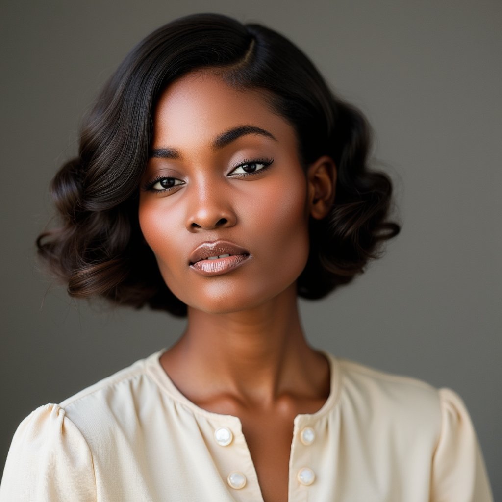 woman wearing a pale ivory blouse with a textured fabric and delicate mother-of-pearl buttons. Her short, wavy hair is expertly styled to frame her face, showcasing its natural volume. Her makeup is meticulously applied, featuring a matte foundation, a subtle sweep of light pink blush on her cheekbones, and a sophisticated nude lipstick. Her skin displays natural pores and a scattering of subtle freckles across her nose and cheeks.