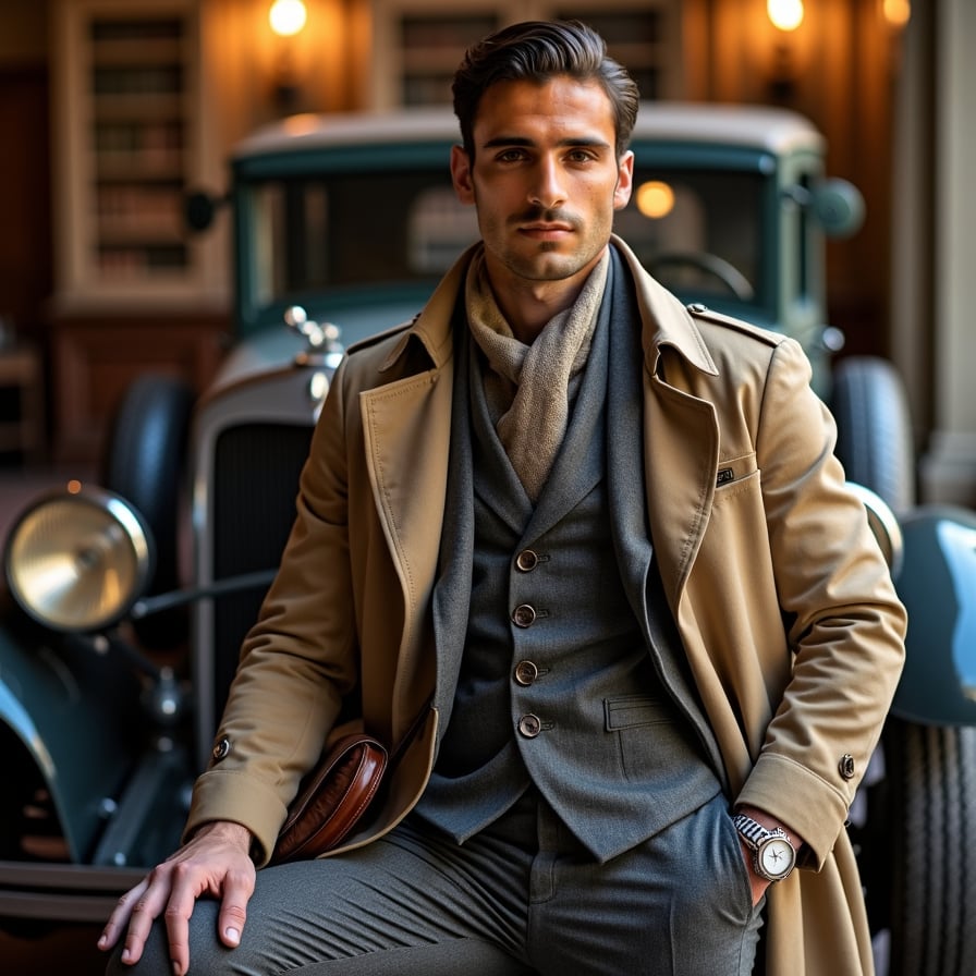 man standing in front of a classic car or a vintage mansion. He is dressed in a trench coat or tailored jacket with a scarf, evoking a sense of timeless elegance. His expression is confident, and the lighting is warm and reminiscent of a bygone era