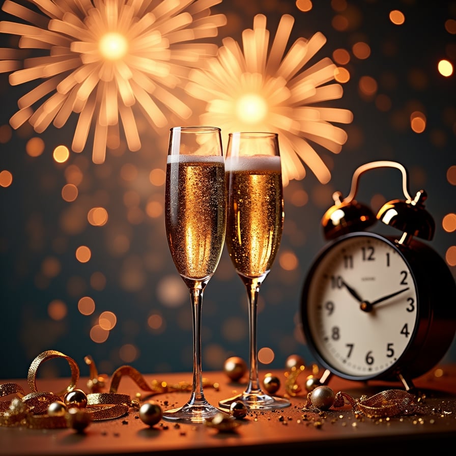 A glamorous New Year’s celebration scene featuring fireworks lighting up the night sky, champagne flutes clinking, and shimmering golden streamers. Add a clock striking midnight and festive confetti falling across the design.