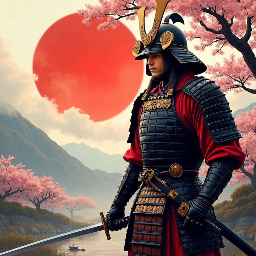 man in traditional samurai armor, ornate helmet and katana at his side, against a serene Japanese landscape with cherry blossom trees