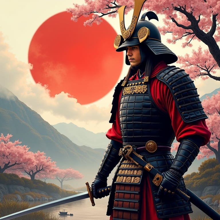 man in traditional samurai armor, ornate helmet and katana at his side, against 