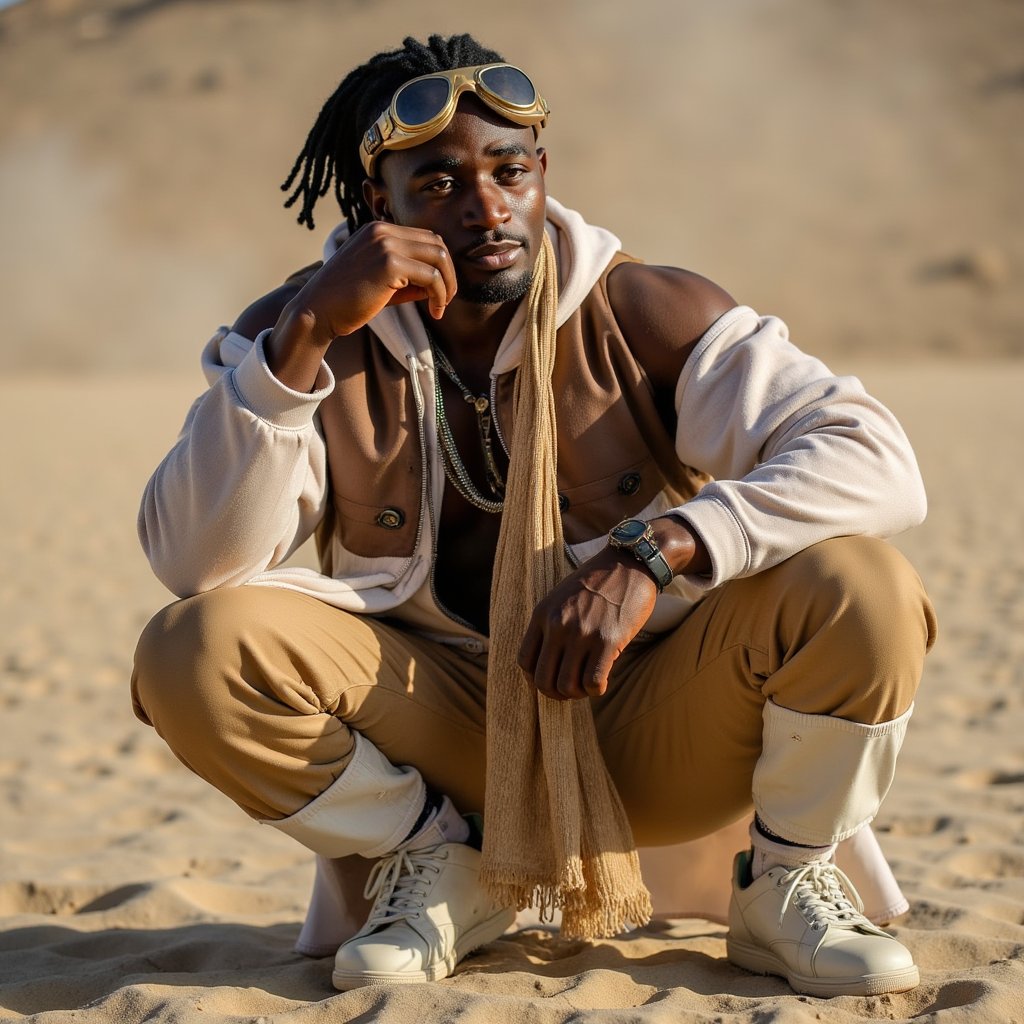 Knee-up portrait of a man in steampunk desertwear, layered fabrics and goggles, confident stance, haze in background, Burning Man 2025 theme
