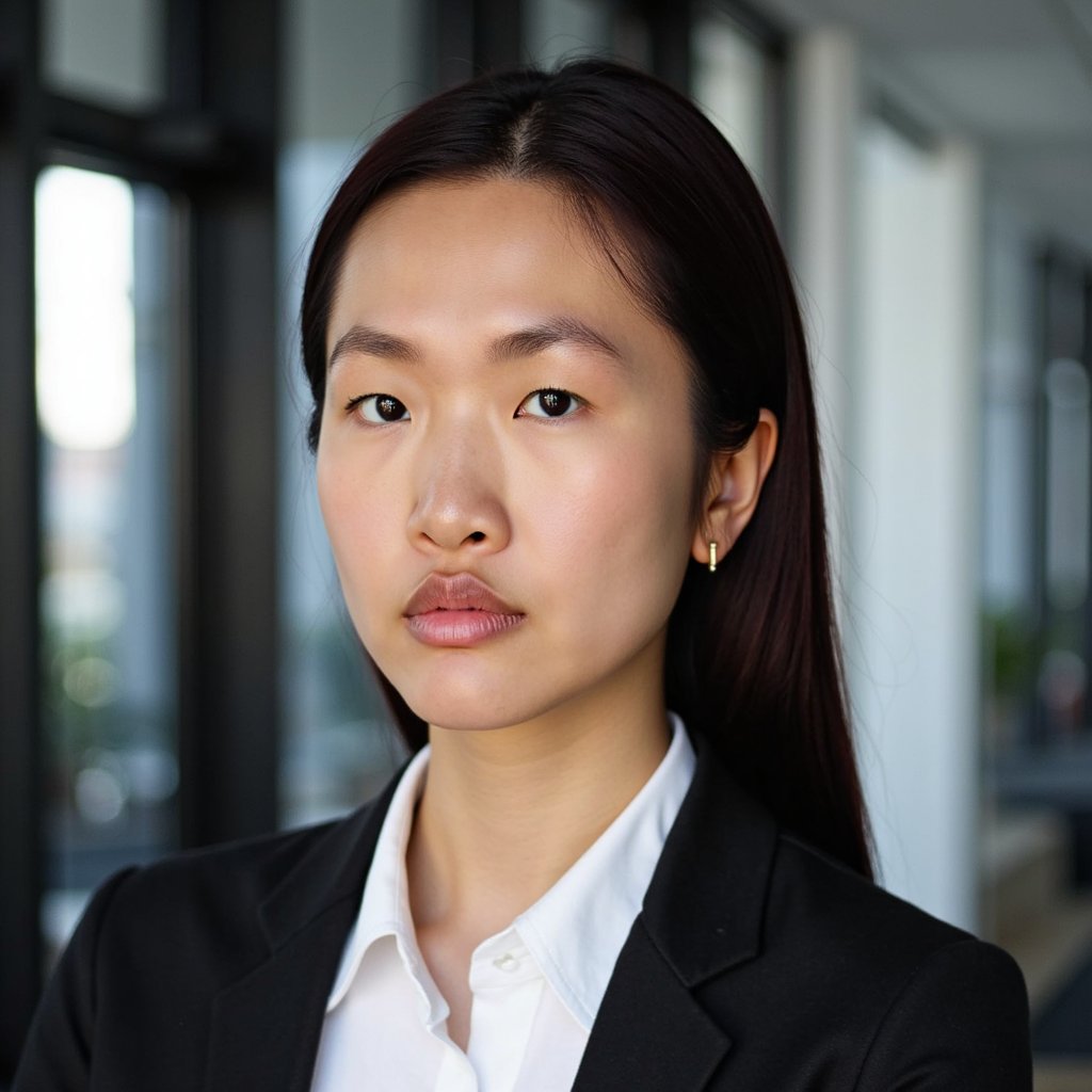 Tight headshot of a professional woman with dark hair tied back, wearing a black blazer over white shirt. Slight frown for serious expression. Natural daylight emulated. Blurred conference room background. Matte skin finish, visible subtle eyeliner, eyebrow texture rendered crisply.