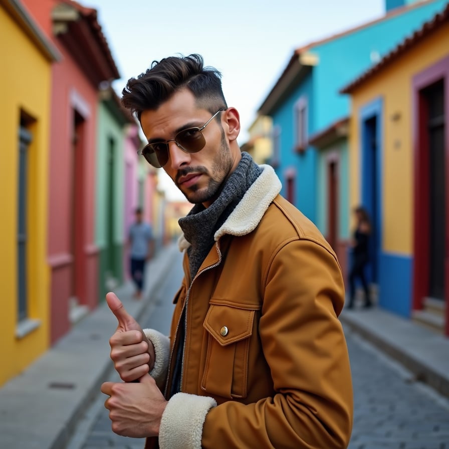 man with a fit body, donned in a stylish outfit, posing with confidence against a trendy urban backdrop, with a subtle smirk and a thumbs up, capturing the essence of a perfect social media post.