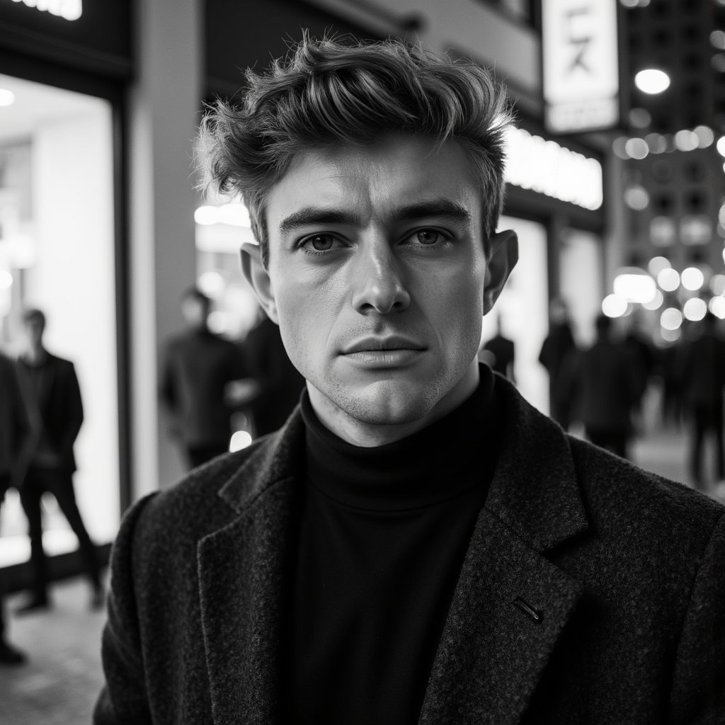 A man (male) close headshot in monochrome grayscale, evoking luxury fashion campaign tones. Hairstyle: precise fade cut; grooming: clean-shaven jawline. Attire: black turtleneck sweater under a structured wool overcoat, both highly textured under soft light. Pose: chin slightly up, direct gaze to lens; calm and stoic. Camera: 100mm macro portrait, f/2. Lighting: single diffused top-left key creating controlled shadow falloff; faint rim from opposite side. Background: seamless neutral gradient backdrop, minimal contrast clutter. Detail: visible wool fibers, catchlight reflections, subtle skin texture. Highly detailed, highly realistic, HDR grayscale, high resolution.